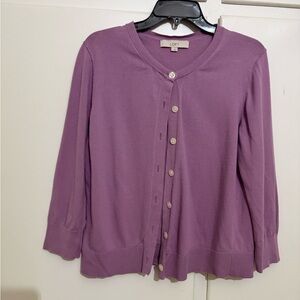 LOFT Lavender Knit Cardigan Sweater Women L Front Long Sleeve